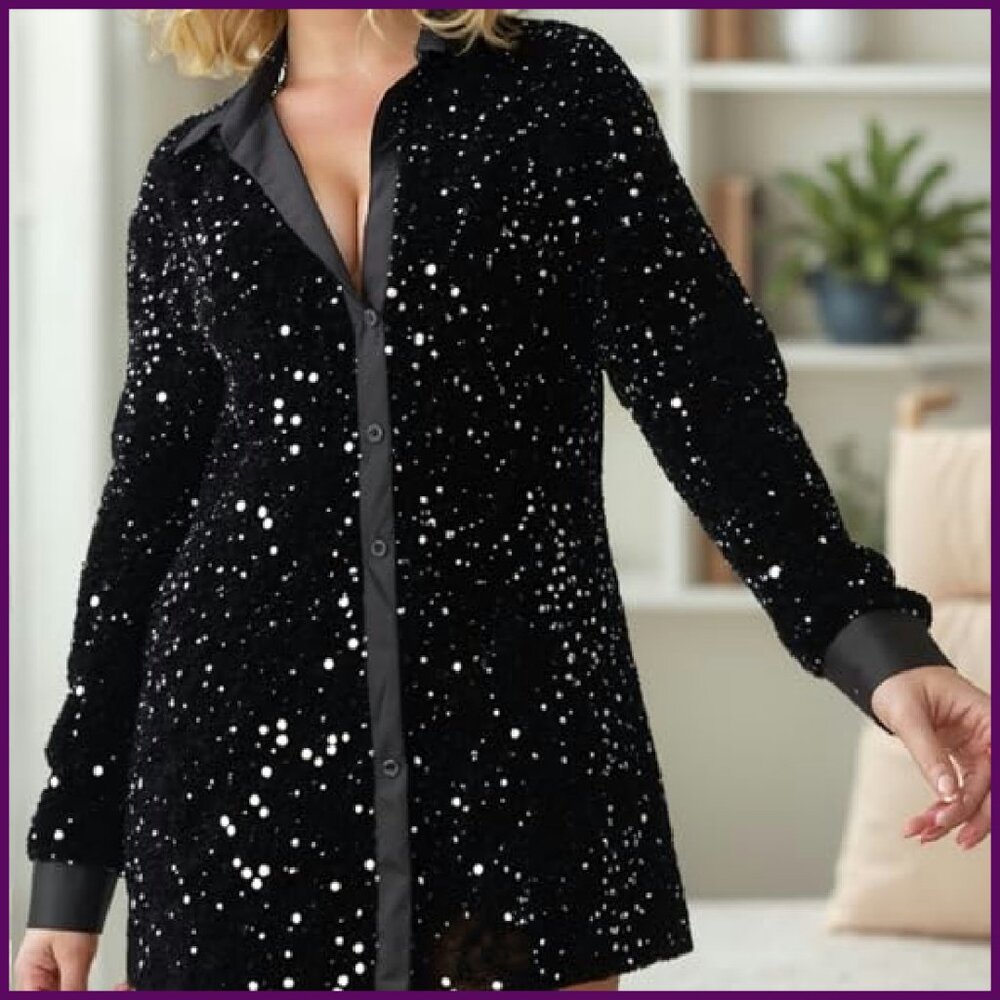 Plus Size Sequin Button Down Shirt Flannel Blouse… - image 5